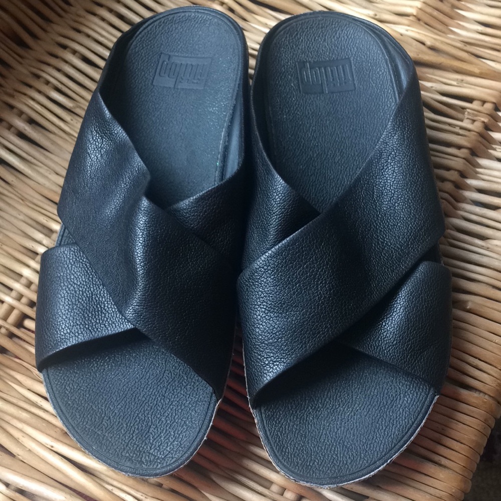 FIT FLOP BLACK LEATHER CORK WOBBLE BOARD VGUC